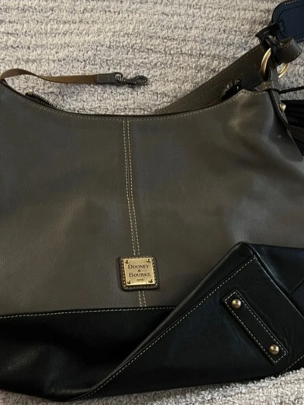 Dooney & Bourke Gray/Black Sophie Pebbled Leather Tasseled Hobo Bag w bag Charm